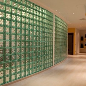 Glass block partition in office